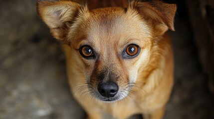 Cute small dog gazing curiously with expressive brown eyes, showcasing warmth and personality in a close-up portrait.