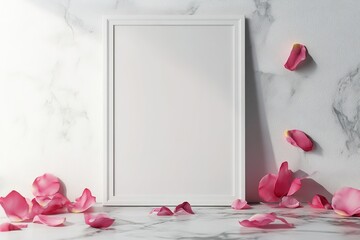 Empty frame surrounded by pink petals on marble surface