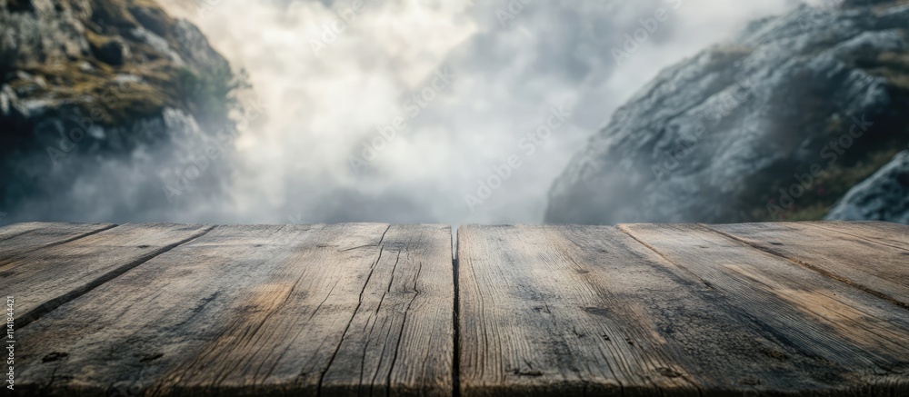 Poster scenic view of a rustic wooden table top against a misty landscape creating an inviting space for pr
