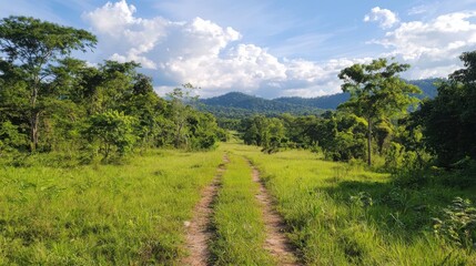 Obraz premium Exploring serene hiking trails in a vibrant natural forest landscape tropical wilderness scenic view adventure