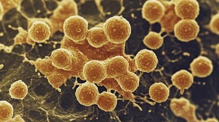 Detailed microscopic view of Staphylococcus aureus bacteria showcasing spherical shapes and cellular structure in a laboratory setting
