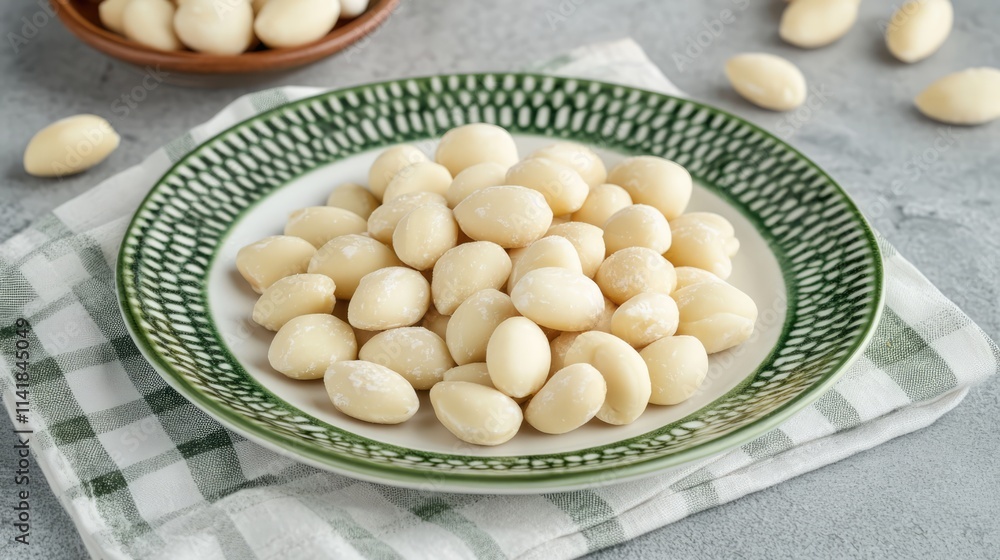 Poster almonds coated in white chocolate arranged on a decorative plate with checkered napkin and a rustic 