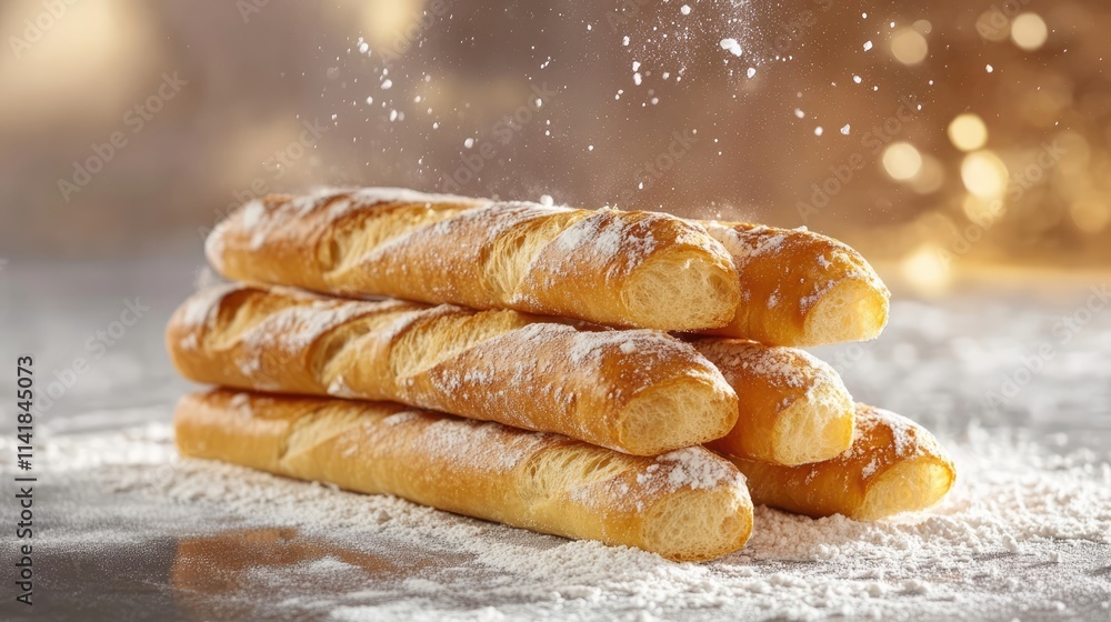Poster freshly baked baguettes stacked in a bakery with a dusting of flour creating a rustic and inviting a