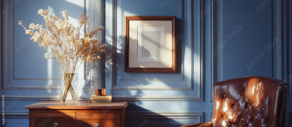 Poster stylish still life with photo frame mockup in elegant interior highlighting design and artwork displ