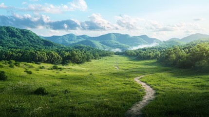 Fototapeta premium Serene hiking trails through lush green natural park landscape in tranquil wilderness