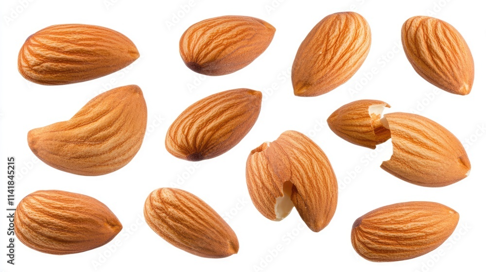 Poster assorted almonds in various shapes and angles on a white background showcasing their natural texture