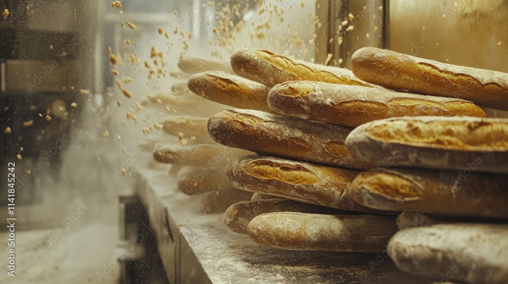 Poster baguettes piled high in a rustic boulangerie with flour dust creating an authentic baking atmosphere
