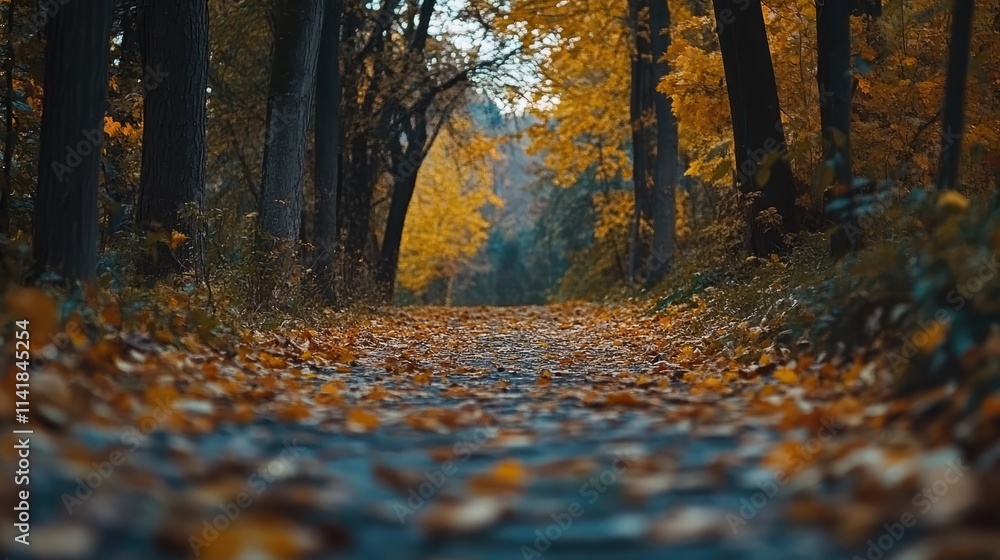 Poster autumn alley in the forest with vibrant colorful leaves illuminated by soft light creating a tranqui