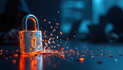 Cyber Security: Broken Digital Padlock with Glowing Fragments