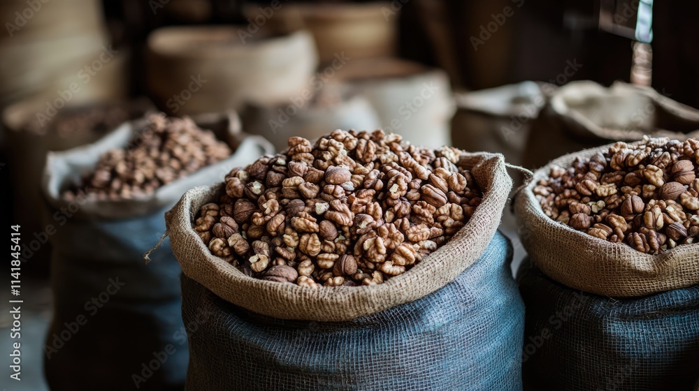Poster burlap bags filled with fresh walnuts in a rustic storage setting with a warm ambient light. perfect