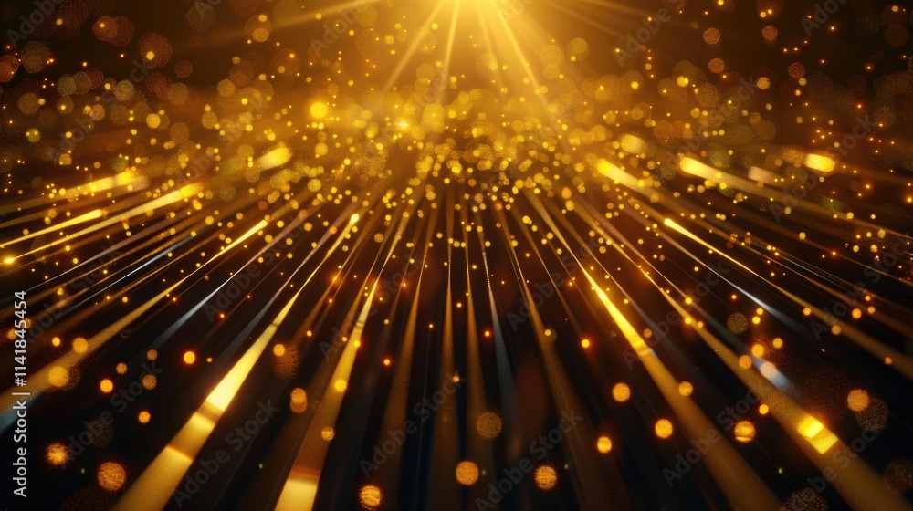 Poster a mesmerizing display of golden light beams and sparkling particles, creating an enchanting atmosphe