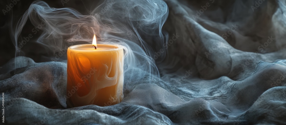 Poster aromatic soy candle with gentle smoke on textured fabric creating a calming modern still life compos