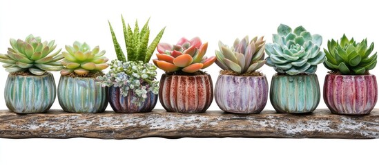 Vibrant assortment of colorful succulent plants in decorative pots on rustic wooden plank ideal for home decor and gardening enthusiasts