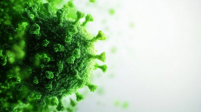 A close-up view of a green virus structure, highlighting its spiky surface in a blurred background.