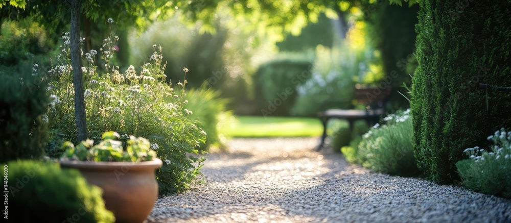 Poster tranquil garden path with soft dappled sunlight creating a serene ambiance ideal for background use 