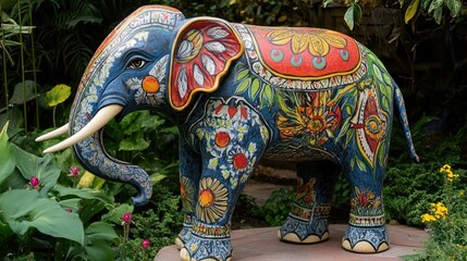 Obraz premium Artistic hand-painted elephant showcasing traditional and modern designs in an open garden setting
