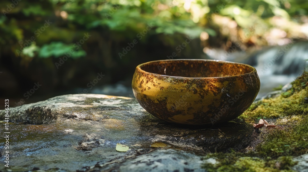 Poster rustic stoneware bowl resting on a mossy rock by a serene stream in a lush green forest setting