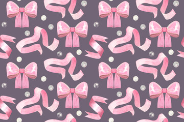 A satin bow, ribbon, pearls watercolor seamless pink pattern on grey background. Hand drawn design elements perfect for wrapping paper, textile, background, websites, cards, poster, mother day decor
