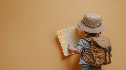 Toddler explorer with backpack studying map against beige background.