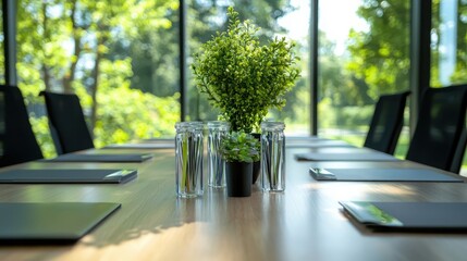 Fototapeta premium Sophisticated green conference room meeting in nature modern space business collaboration bright environment