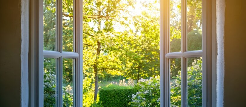 Aluminum window details showcasing energy efficiency and safety features with sunlight filtering through into a lush green garden view