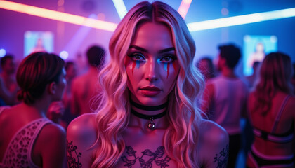 Unconventional beauty captivates in vibrant nightlife atmosphere with striking visual elements and electric energy