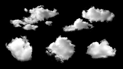 Isolated cloud collection on black background. Set of different types of clouds. Design. Fog. Haze....