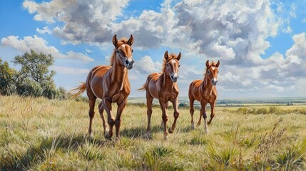 Fototapeta premium Beautiful yearlings with glossy coats and gentle eyes, roaming freely in a sunny meadow