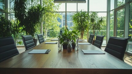 Obraz premium Sustainable meeting in green conference room urban office business environment natural light modern design
