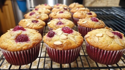 Almond raspberry muffins freshly baked cooling on a rack with golden tops and sliced almonds for a delicious treat.