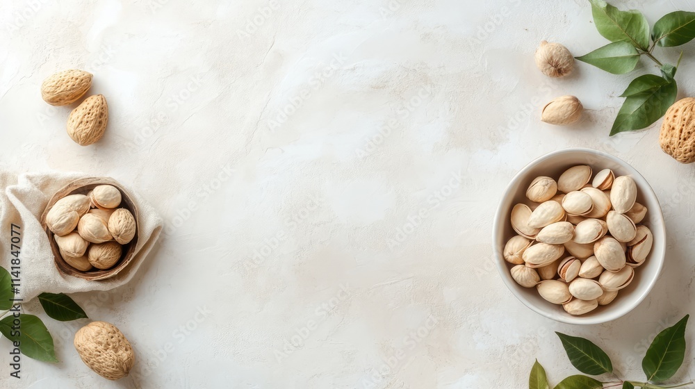 Poster almond nuts on a textured background with leaves and natural elements creating a fresh and organic c