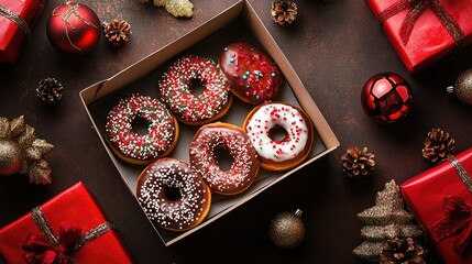 Box of Christmas-themed donuts surrounded by ornaments and gifts, ready for festive celebrations