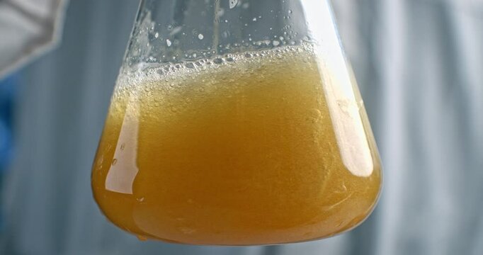 Super slow motion of lab worker mix beer into glass ware for quality testing, ensuring it meets production standards. The beer is carefully inspected in brewery with precision and dedication.