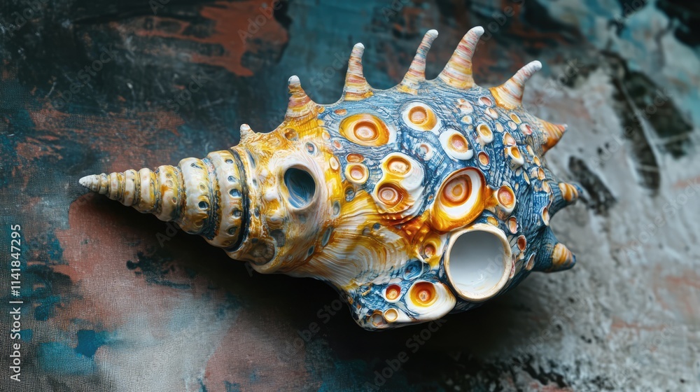 Poster colorful conch shell showcasing intricate patterns and textures on a weathered background perfect fo