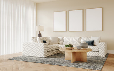 Frame mockup in Interior, a living room with a couch, table, and paintings on the wall with transparent background, 3D rendering	
