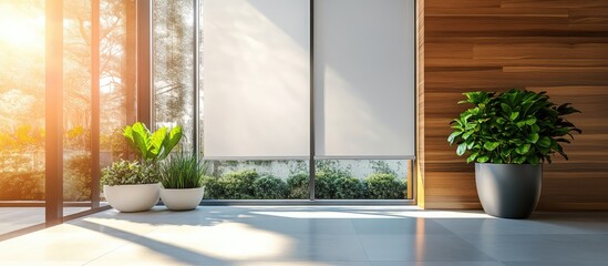 Modern interior with automatic roller blinds natural wood decor and contemporary flower pots enhancing a bright living space