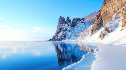 Obraz premium Serene winter landscape of Baikal Lake showcasing vibrant blue ice hummocks and the majestic cliffs of the northern island cape.