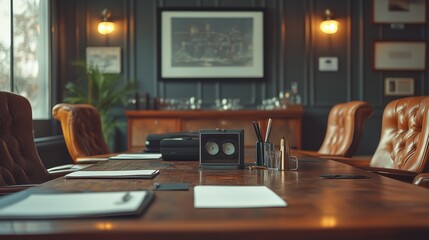 A retro-themed corporate meeting room with formal-clad individuals and old-school presentation tools