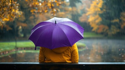 Woman sits on bench under purple umbrella in autumn rain.