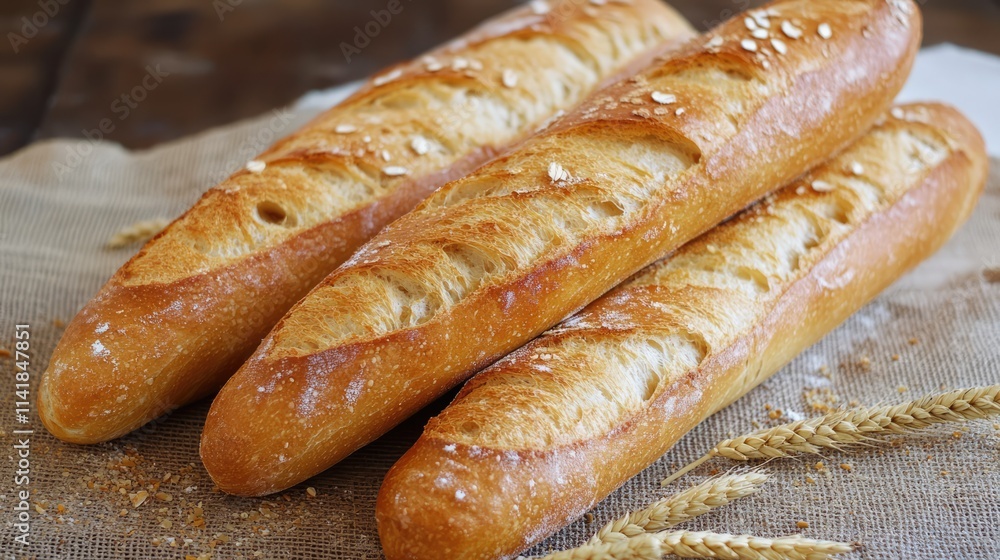 Poster freshly baked baguettes and wheat stalks displayed on a rustic wooden surface with a natural texture