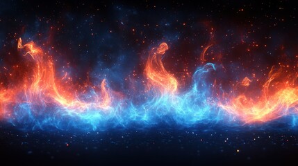 Abstract fiery and icy flames, blue and orange, dark background.