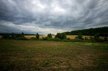 Field after harvesting grain on a cloudy day