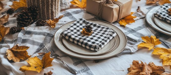 Autumn inspired table setting with oval plates checkered napkins gift box and decorative leaves ideal for seasonal gatherings and celebrations