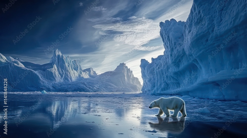 Wall mural majestic polar bear walking on ice floe in arctic landscape with towering icebergs reflecting in cal