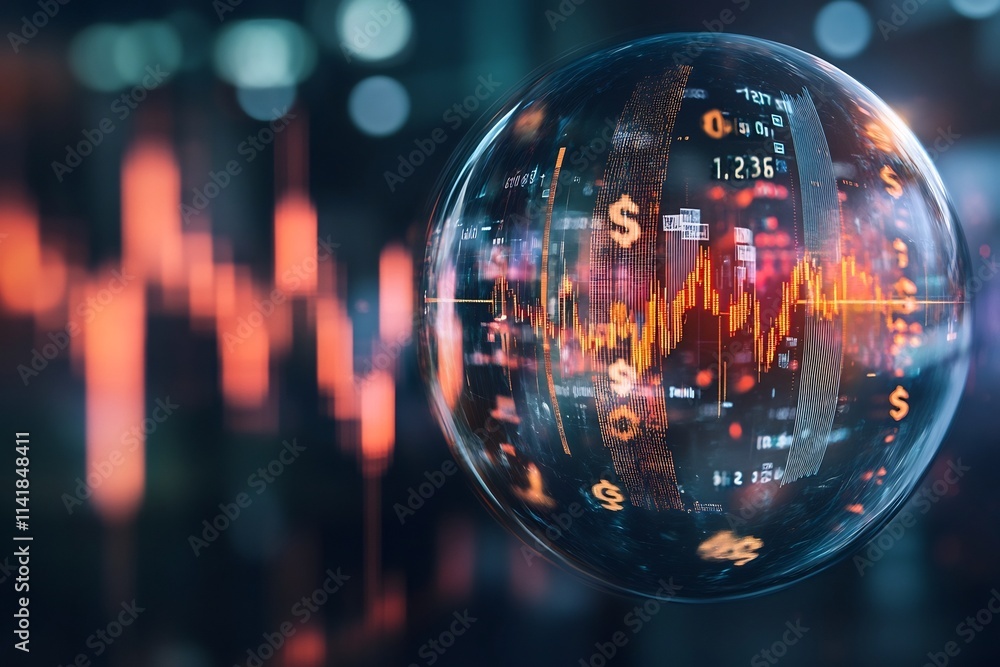 Aufkleber abstract transparent bubble filled with fluctuating financial data and graphs