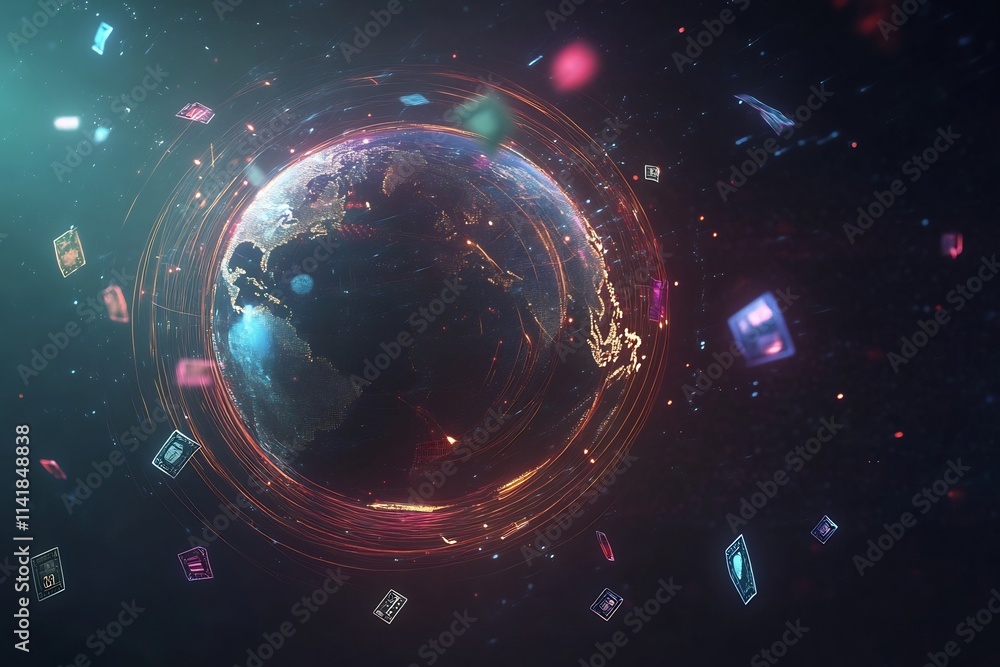 Poster stylized globe with dynamic trade routes and floating currency icons
