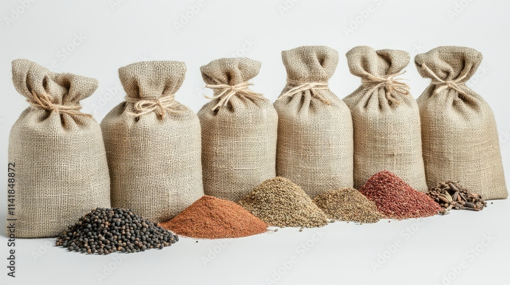 Poster assorted aromatic spices in linen sacks displayed in a market setting showcasing a variety of colorf