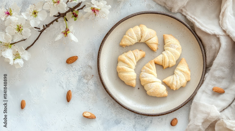 Poster almond crescent cookies arranged on a plate with flower branches and almonds on a textured table bac