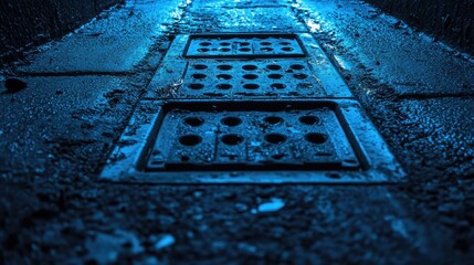 Mystical blue-toned alley at night featuring a close-up view of a sidewalk hatch amidst a quiet and empty urban setting.