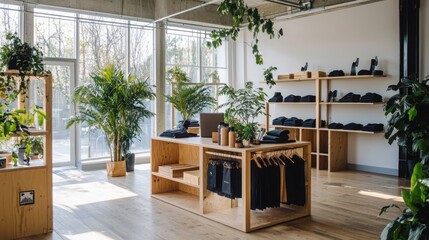 Eco-friendly fashion showcase sustainable boutique urban environment chic design modern viewpoint